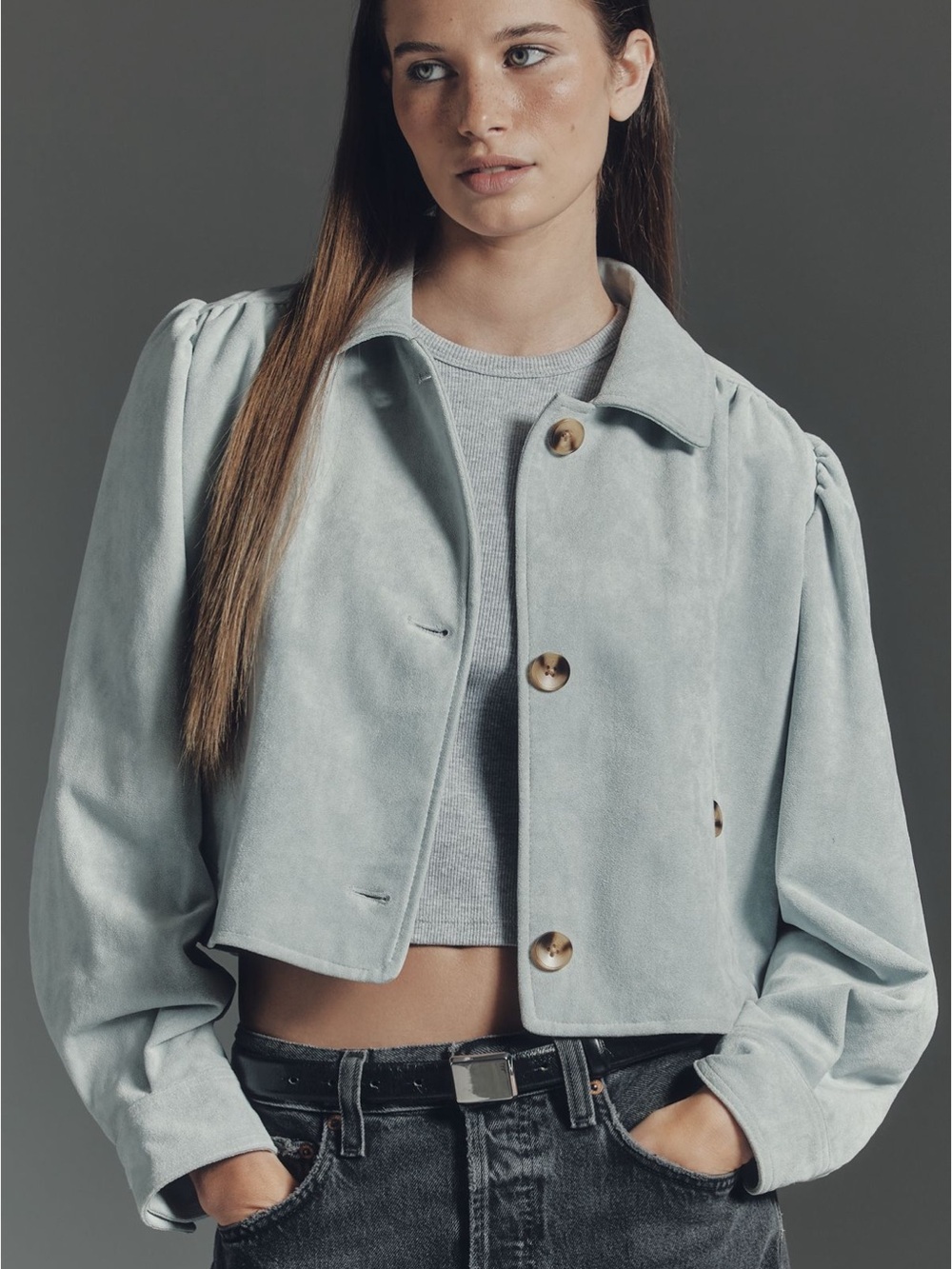 BlankNYC Pale Blue Cropped Button Jacket